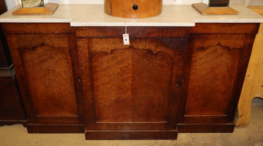 A William IV birds eye maple breakfront cabinet with marble top, W.168cm, D.46cm, H.95cm
